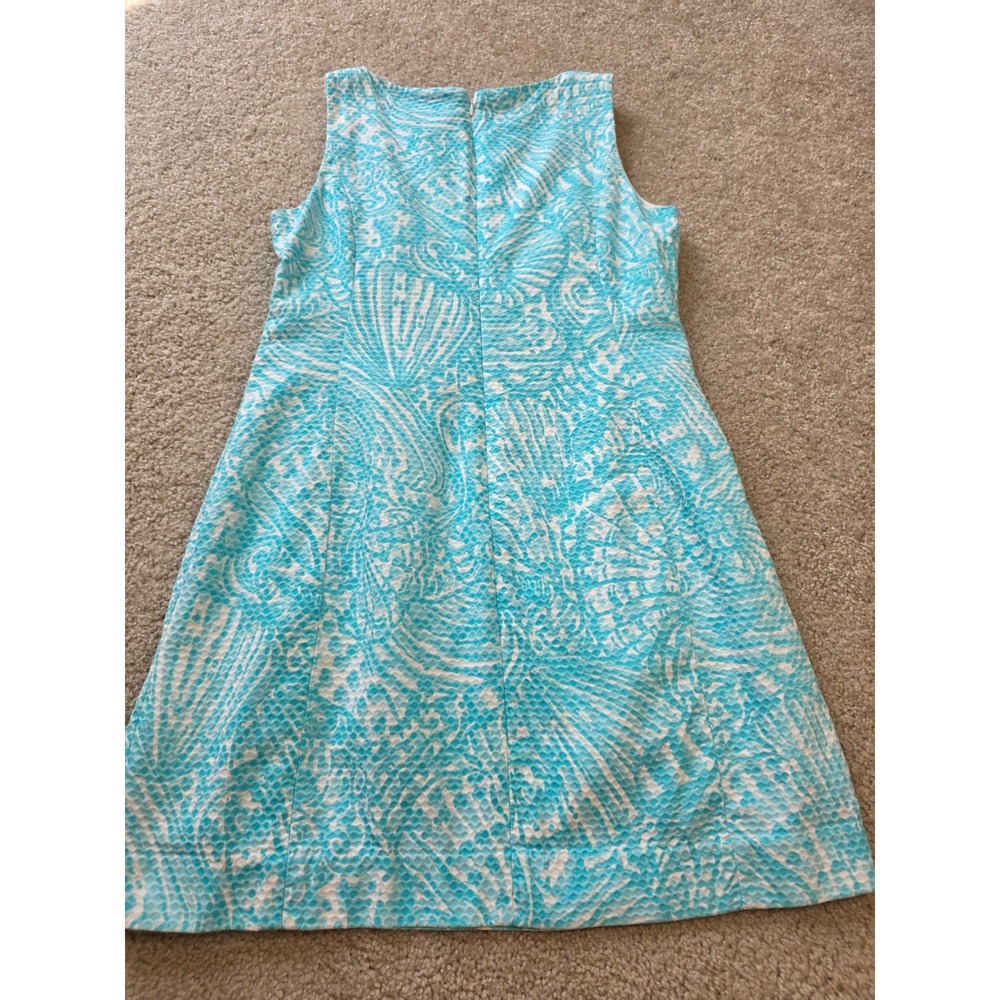 Lilly Pulitzer Turquoise Shell Print Seersucker Shift Dress Crochet Lace Trim 8 - Picture 10 of 12
